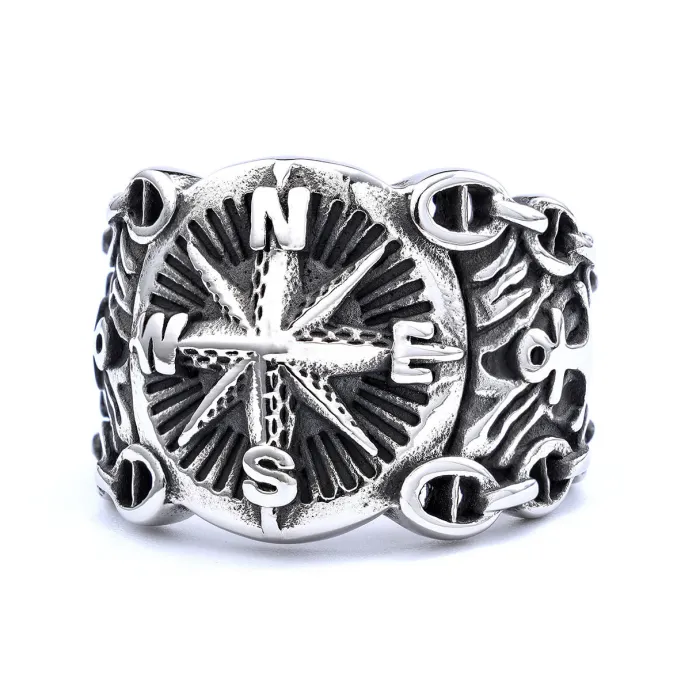 Nautical Compass Anchor Ring – Oxidized Titanium Steel Vintage Maritime Symbol Jewelry for Men, Wholesale