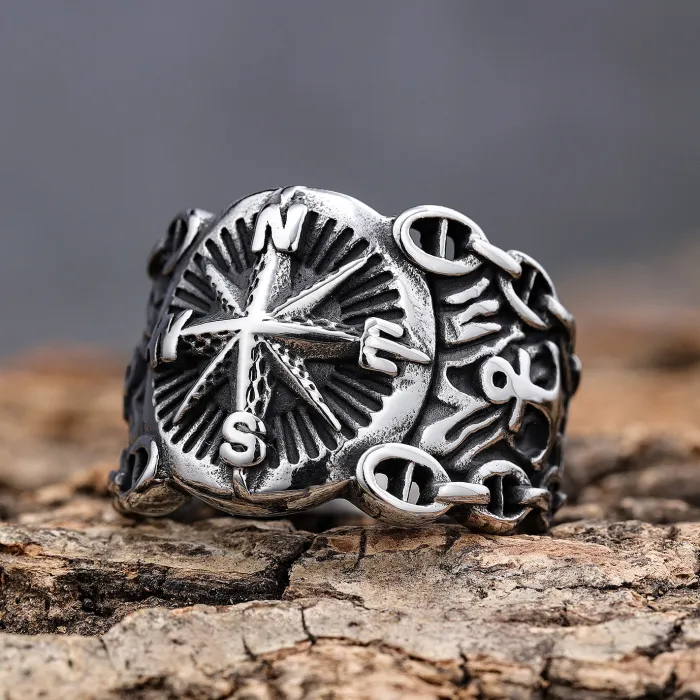 Nautical Compass Anchor Ring – Oxidized Titanium Steel Vintage Maritime Symbol Jewelry for Men, Wholesale