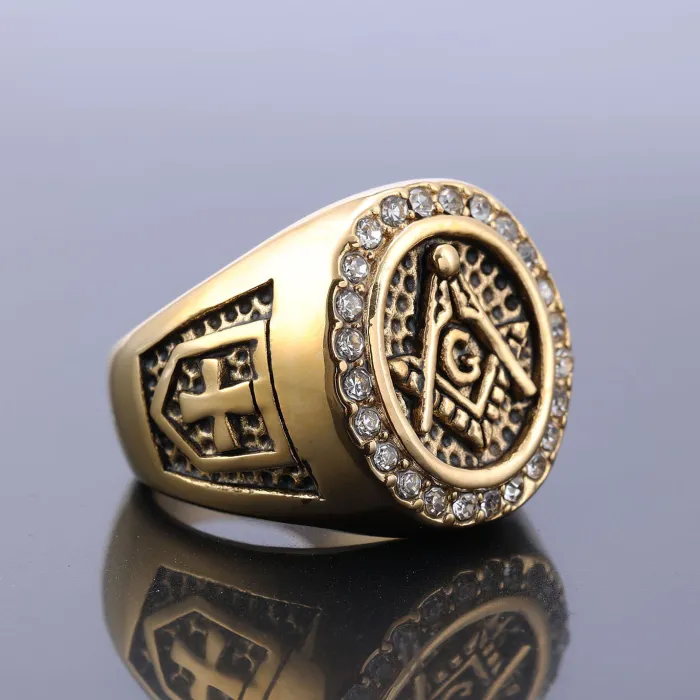 Masonic Cross Ring with Crystals – AG Symbol Gothic Titanium Steel Vintage Ring, Bold Stainless Steel Jewelry for Wholesale