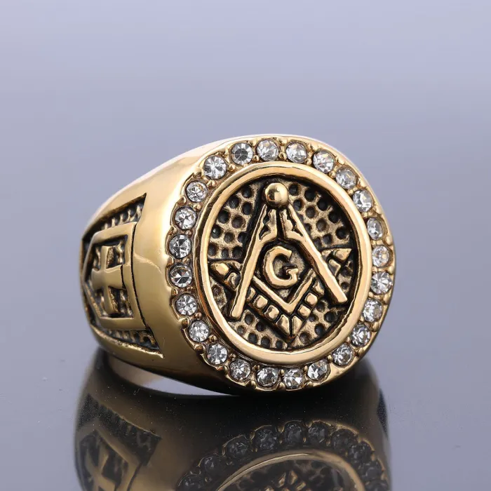 Masonic Cross Ring with Crystals – AG Symbol Gothic Titanium Steel Vintage Ring, Bold Stainless Steel Jewelry for Wholesale