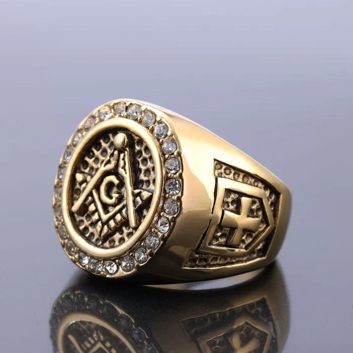 Masonic Cross Ring with Crystals – AG Symbol Gothic Titanium Steel Vintage Ring, Bold Stainless Steel Jewelry for Wholesale