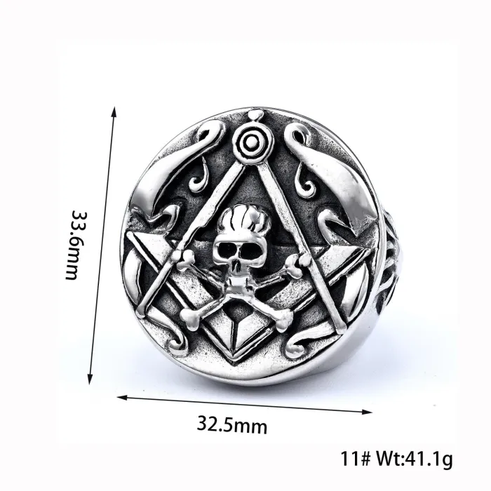 Masonic Skull Ring for Men – Round Stainless Steel Gothic Symbol Ring, Vintage Freemason Jewelry Wholesale