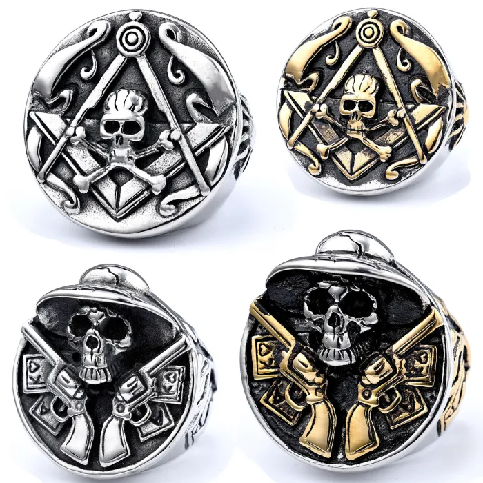 Masonic Skull Ring for Men – Round Stainless Steel Gothic Symbol Ring, Vintage Freemason Jewelry Wholesale