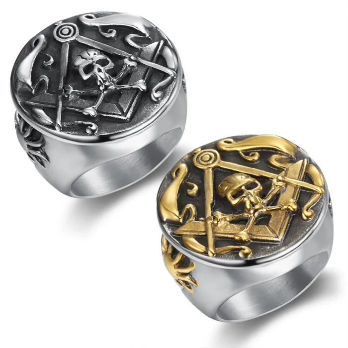 Masonic Skull Ring for Men – Round Stainless Steel Gothic Symbol Ring, Vintage Freemason Jewelry Wholesale