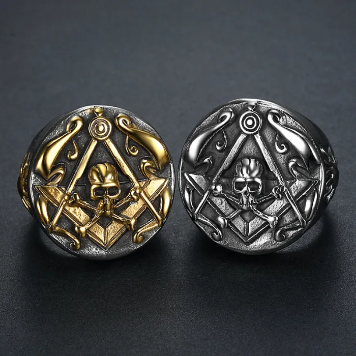 Masonic Skull Ring for Men – Round Stainless Steel Gothic Symbol Ring, Vintage Freemason Jewelry Wholesale