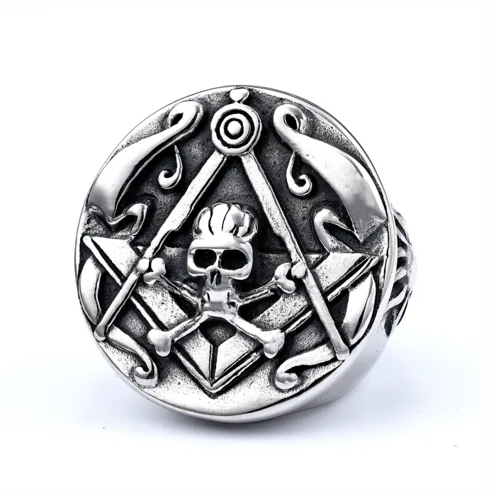 Masonic Skull Ring for Men – Round Stainless Steel Gothic Symbol Ring, Vintage Freemason Jewelry Wholesale