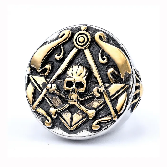 Masonic Skull Ring for Men – Round Stainless Steel Gothic Symbol Ring, Vintage Freemason Jewelry Wholesale