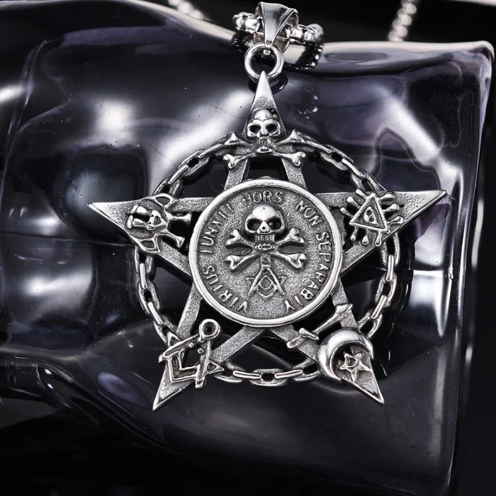 Viking Helm & Hexagram Skull Pendant – Polished Stainless Steel Gothic Symbol Jewelry for Men, Wholesale