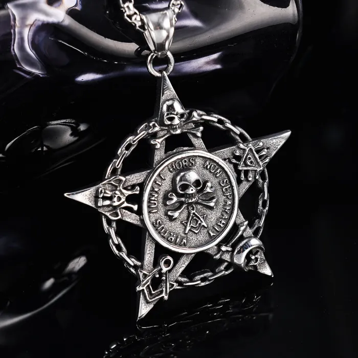 Viking Helm & Hexagram Skull Pendant – Polished Stainless Steel Gothic Symbol Jewelry for Men, Wholesale