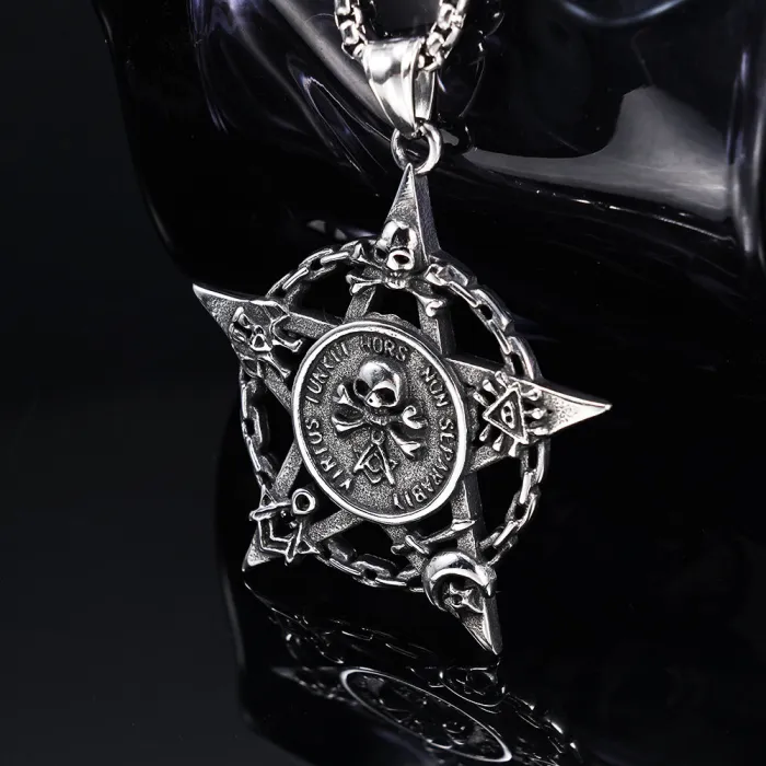Viking Helm & Hexagram Skull Pendant – Polished Stainless Steel Gothic Symbol Jewelry for Men, Wholesale