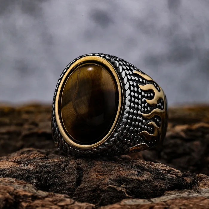 Tiger Eye Flame Ring – Two-Tone Titanium Steel Statement Jewelry for Men, Bold Fashion Accessory Wholesale