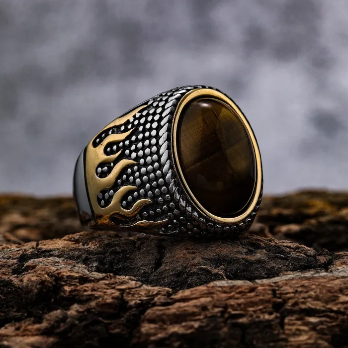 Tiger Eye Flame Ring – Two-Tone Titanium Steel Statement Jewelry for Men, Bold Fashion Accessory Wholesale