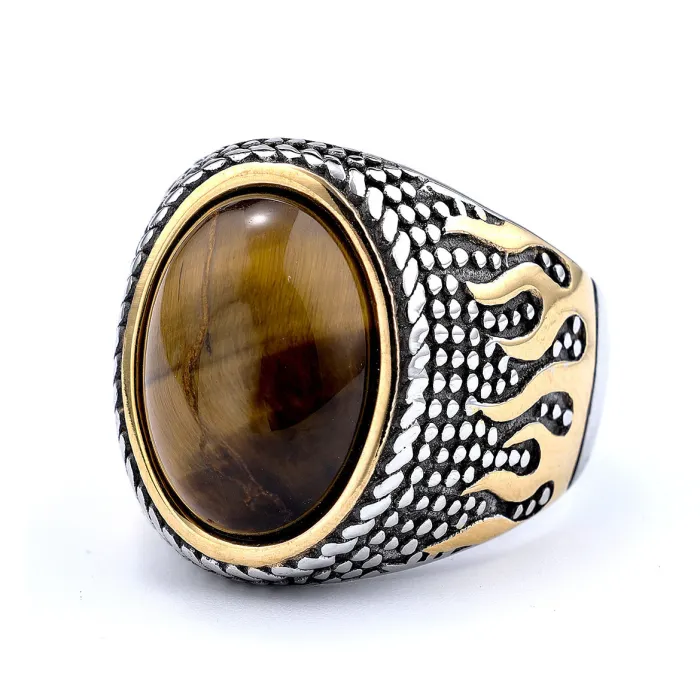 Tiger Eye Flame Ring – Two-Tone Titanium Steel Statement Jewelry for Men, Bold Fashion Accessory Wholesale