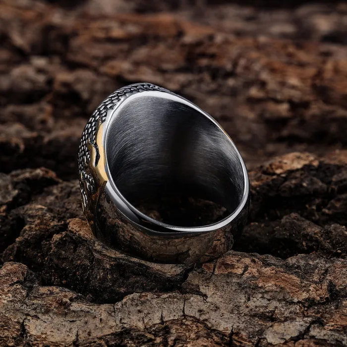 Tiger Eye Flame Ring – Two-Tone Titanium Steel Statement Jewelry for Men, Bold Fashion Accessory Wholesale