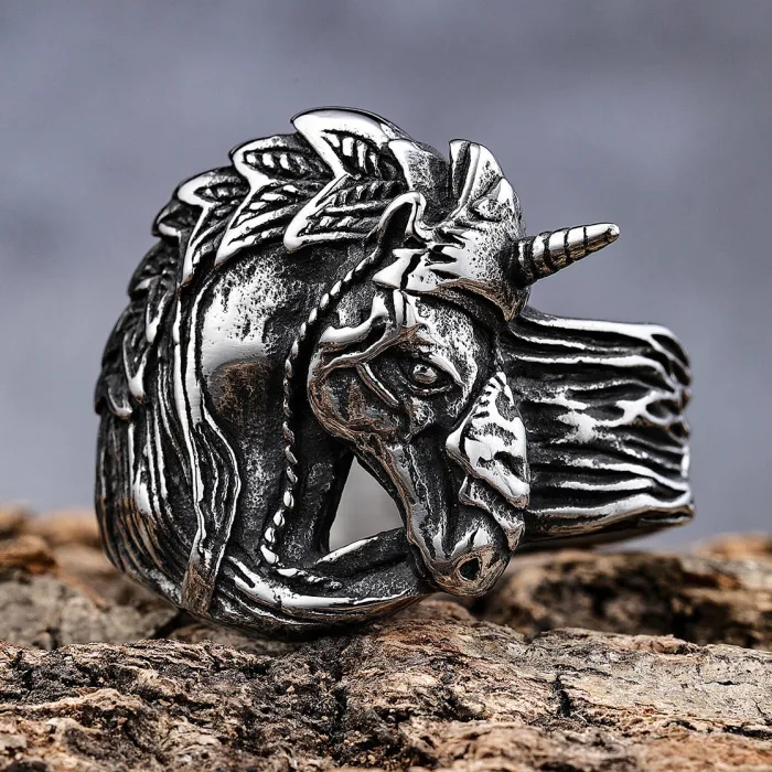 Unicorn Skull Ring – Vintage Gothic Stainless Steel Fantasy Jewelry, Unique Statement Piece for Men & Women, Wholesale