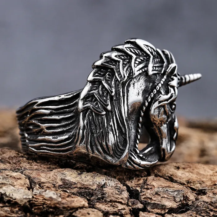 Unicorn Skull Ring – Vintage Gothic Stainless Steel Fantasy Jewelry, Unique Statement Piece for Men & Women, Wholesale