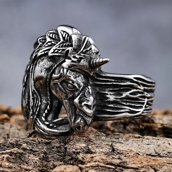 Unicorn Skull Ring – Vintage Gothic Stainless Steel Fantasy Jewelry, Unique Statement Piece for Men & Women, Wholesale