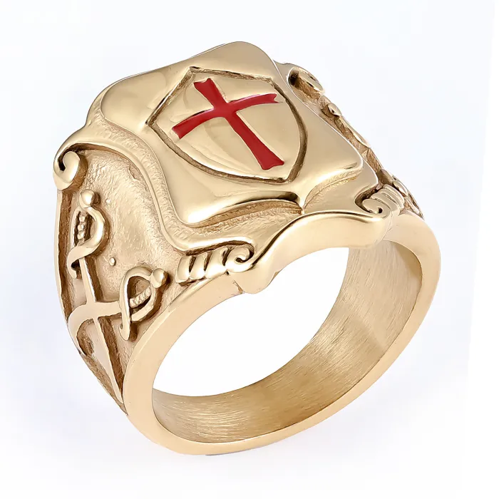 Men’s Red Enamel Cross Ring – Gothic Stainless Steel Fashion Jewelry, Bold Religious Style Wholesale