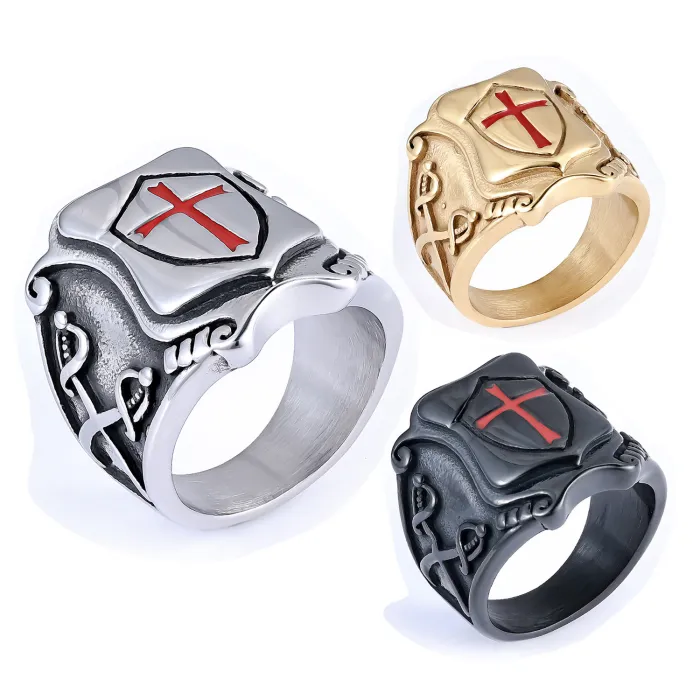 Men’s Red Enamel Cross Ring – Gothic Stainless Steel Fashion Jewelry, Bold Religious Style Wholesale