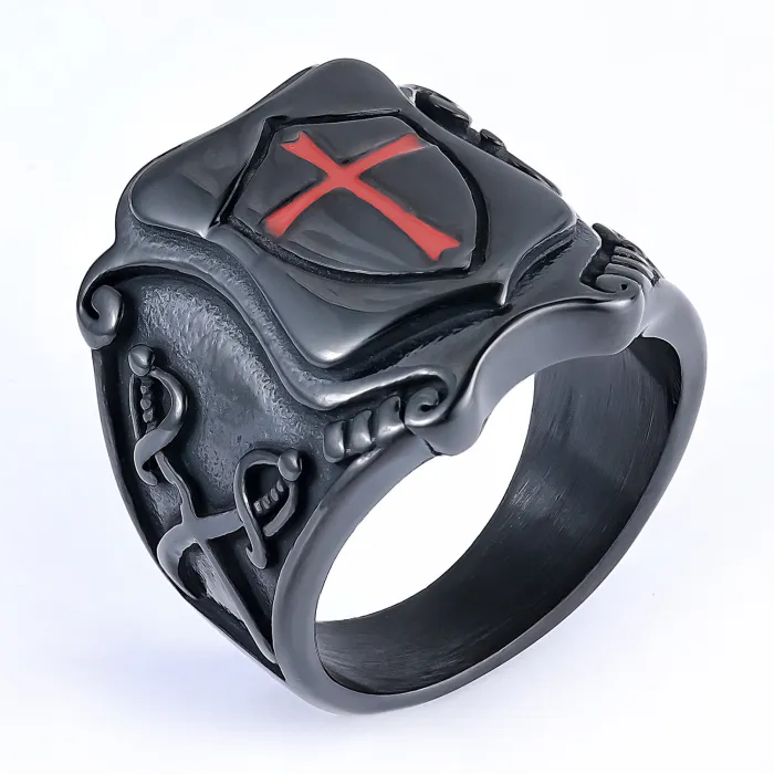 Men’s Red Enamel Cross Ring – Gothic Stainless Steel Fashion Jewelry, Bold Religious Style Wholesale
