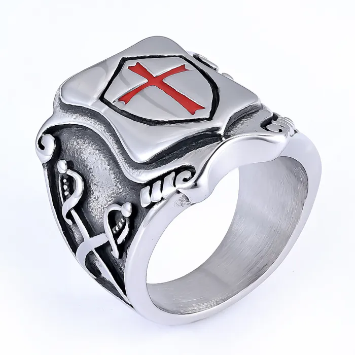 Men’s Red Enamel Cross Ring – Gothic Stainless Steel Fashion Jewelry, Bold Religious Style Wholesale