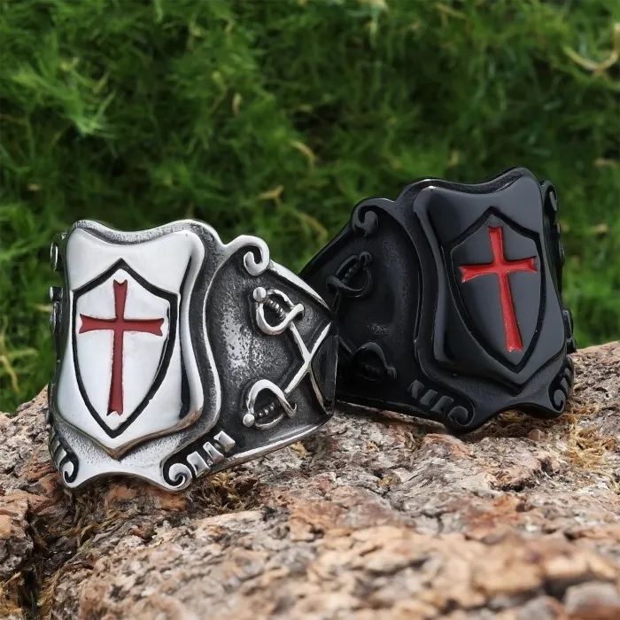 Men’s Red Enamel Cross Ring – Gothic Stainless Steel Fashion Jewelry, Bold Religious Style Wholesale