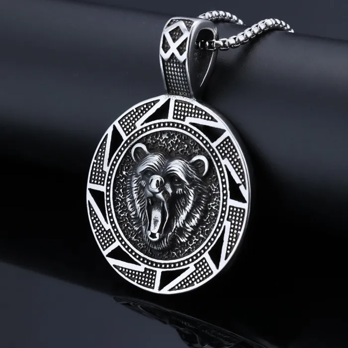 Viking Bear Totem Pendant – Norse Symbol Stainless Steel Necklace for Men, Nordic Mythology Jewelry Wholesale