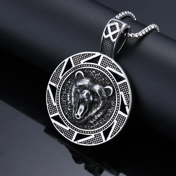 Viking Bear Totem Pendant – Norse Symbol Stainless Steel Necklace for Men, Nordic Mythology Jewelry Wholesale