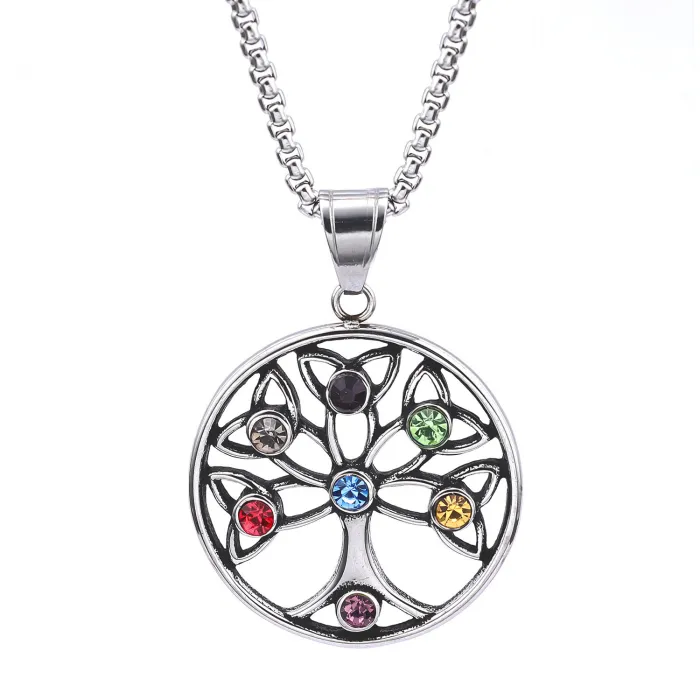 Viking Tree of Life Pendant – Stainless Steel Norse Necklace with Crystal Inlay, Bold Symbolic Jewelry Wholesale