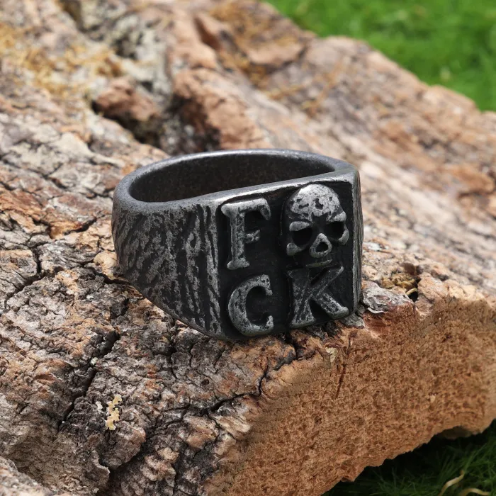 FCK Letter Skull Ring – Gothic Punk Style Oxidized Stainless Steel Unisex Statement Jewelry, Fade-Resistant Wholesale