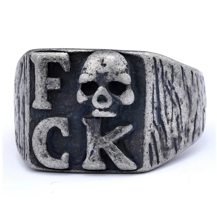 FCK Letter Skull Ring – Gothic Punk Style Oxidized Stainless Steel Unisex Statement Jewelry, Fade-Resistant Wholesale