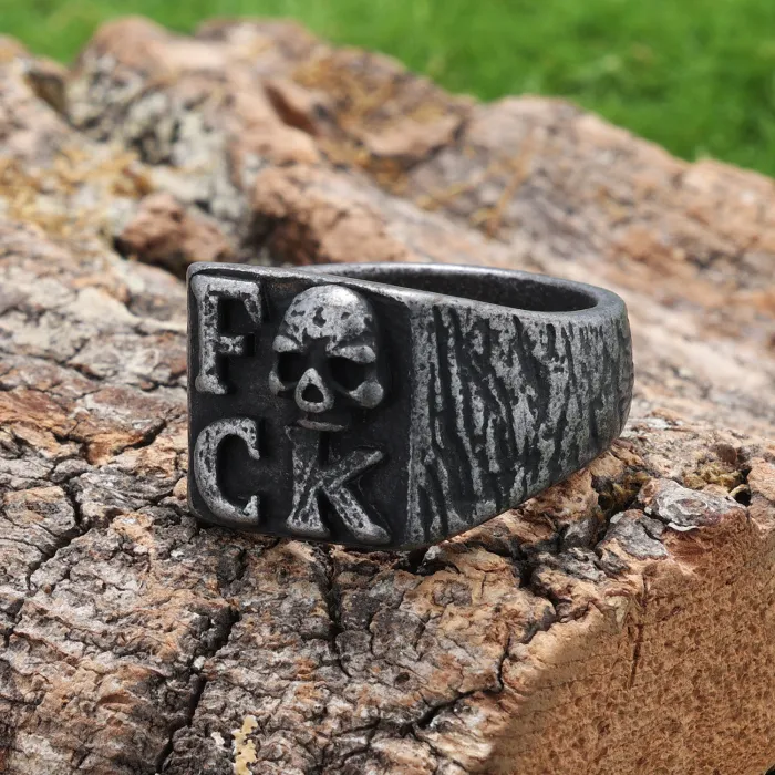 FCK Letter Skull Ring – Gothic Punk Style Oxidized Stainless Steel Unisex Statement Jewelry, Fade-Resistant Wholesale