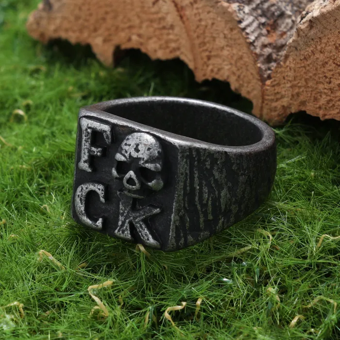 FCK Letter Skull Ring – Gothic Punk Style Oxidized Stainless Steel Unisex Statement Jewelry, Fade-Resistant Wholesale