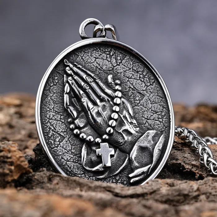 Praying Hands Cross Pendant – Vintage Stainless Steel Faith Jewelry for Men & Women, Religious Symbol Wholesale