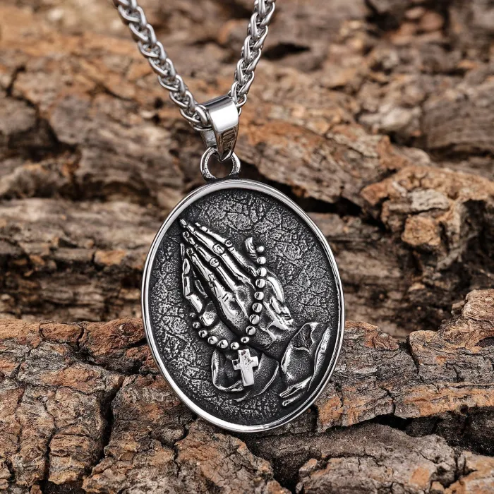 Praying Hands Cross Pendant – Vintage Stainless Steel Faith Jewelry for Men & Women, Religious Symbol Wholesale