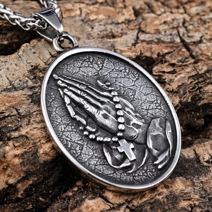 Praying Hands Cross Pendant – Vintage Stainless Steel Faith Jewelry for Men & Women, Religious Symbol Wholesale