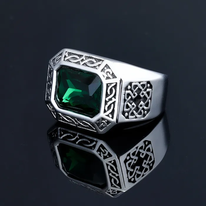 Viking Cross Ring with Green Gemstone – Titanium Steel Men’s Jewelry, Norse-Inspired Fashion Wholesale