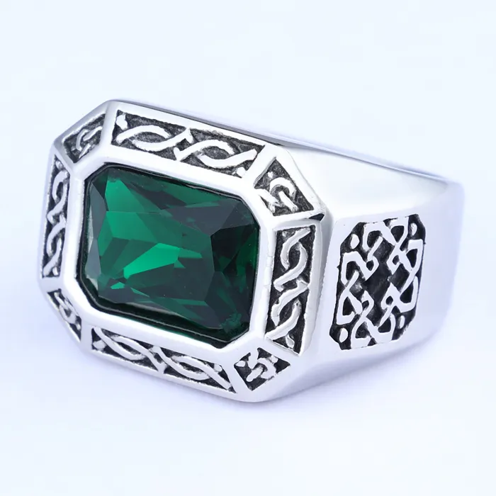 Viking Cross Ring with Green Gemstone – Titanium Steel Men’s Jewelry, Norse-Inspired Fashion Wholesale