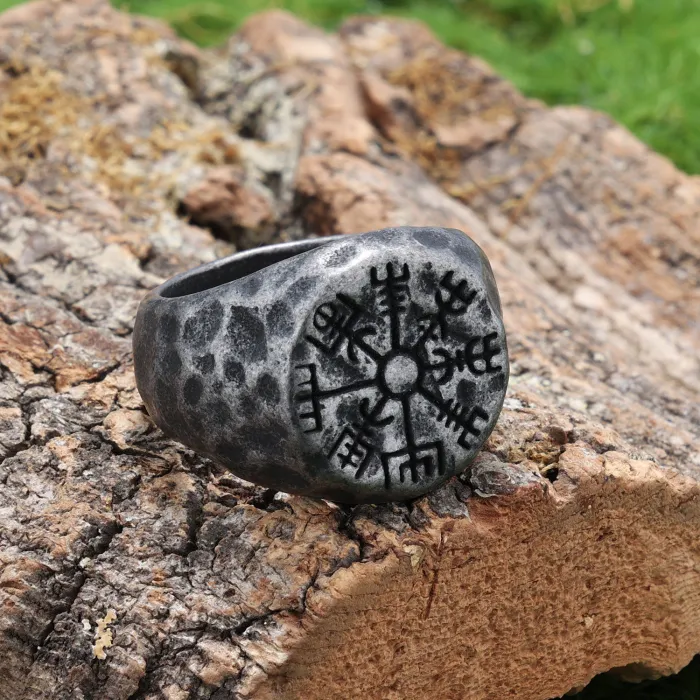 Engraved Compass Rune Ring – Viking Style Textured Stainless Steel Band, Norse Symbol Jewelry for Men, Wholesale