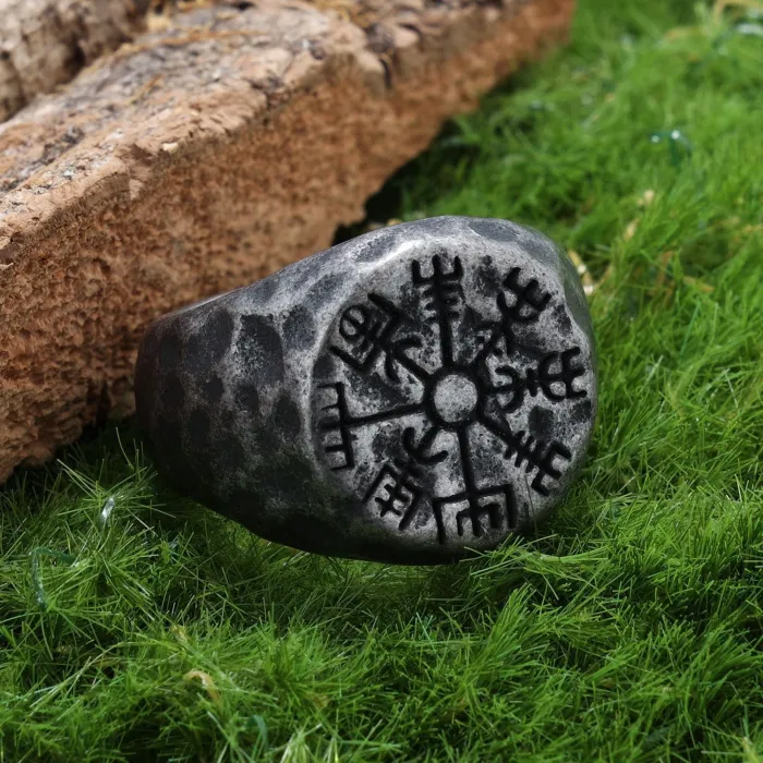 Engraved Compass Rune Ring – Viking Style Textured Stainless Steel Band, Norse Symbol Jewelry for Men, Wholesale