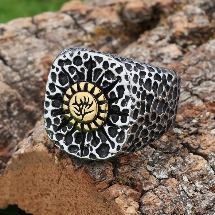 Nature-Inspired Floral Ring – Textured Two-Tone Stainless Steel Band, Botanical Style Fashion Jewelry Wholesale