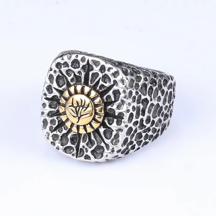 Nature-Inspired Floral Ring – Textured Two-Tone Stainless Steel Band, Botanical Style Fashion Jewelry Wholesale