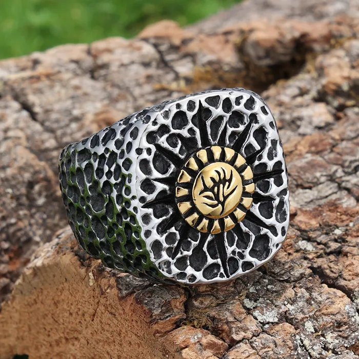 Nature-Inspired Floral Ring – Textured Two-Tone Stainless Steel Band, Botanical Style Fashion Jewelry Wholesale