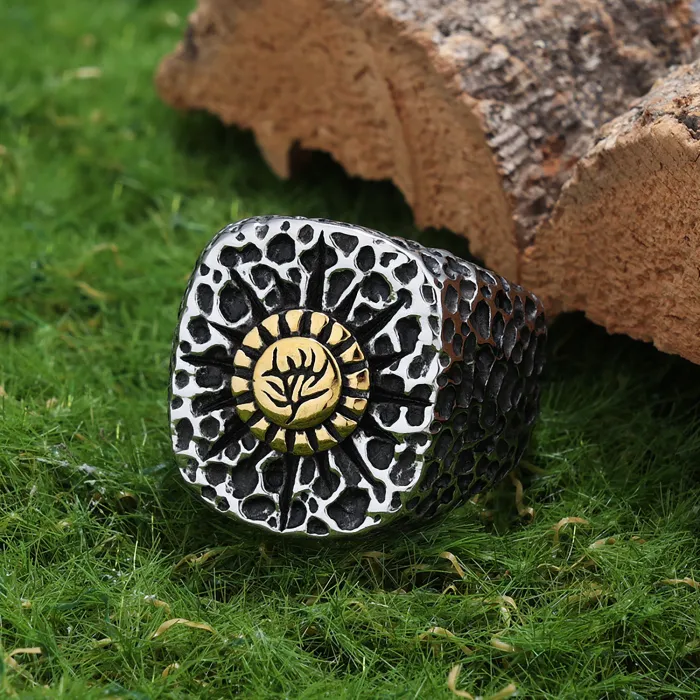 Nature-Inspired Floral Ring – Textured Two-Tone Stainless Steel Band, Botanical Style Fashion Jewelry Wholesale
