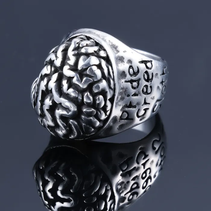 Lorraine Cross & Brain Design Ring – Gothic Stainless Steel Men’s Statement Ring with English Lettering, Wholesale