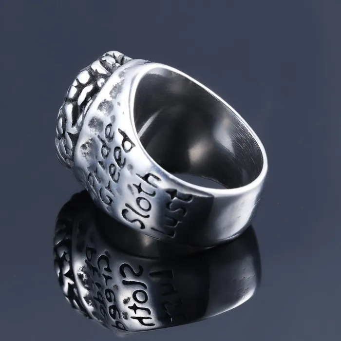 Lorraine Cross & Brain Design Ring – Gothic Stainless Steel Men’s Statement Ring with English Lettering, Wholesale
