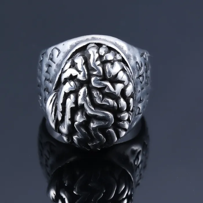 Lorraine Cross & Brain Design Ring – Gothic Stainless Steel Men’s Statement Ring with English Lettering, Wholesale