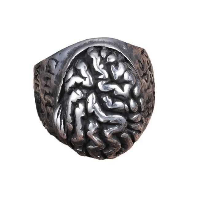 Lorraine Cross & Brain Design Ring – Gothic Stainless Steel Men’s Statement Ring with English Lettering, Wholesale