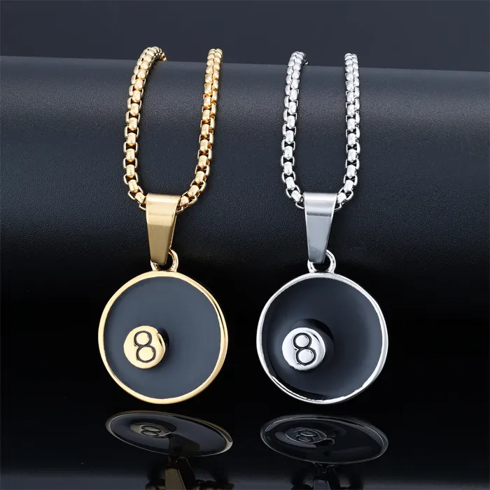 Lucky 8 Ball Pendant – Round Black Enamel Stainless Steel Necklace for Men, Billiards-Inspired Street Style Jewelry Wholesale