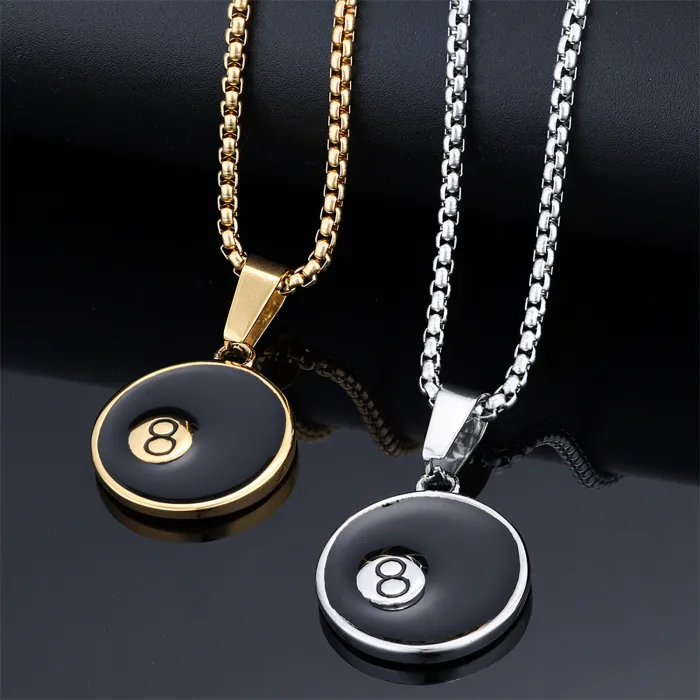 Lucky 8 Ball Pendant – Round Black Enamel Stainless Steel Necklace for Men, Billiards-Inspired Street Style Jewelry Wholesale